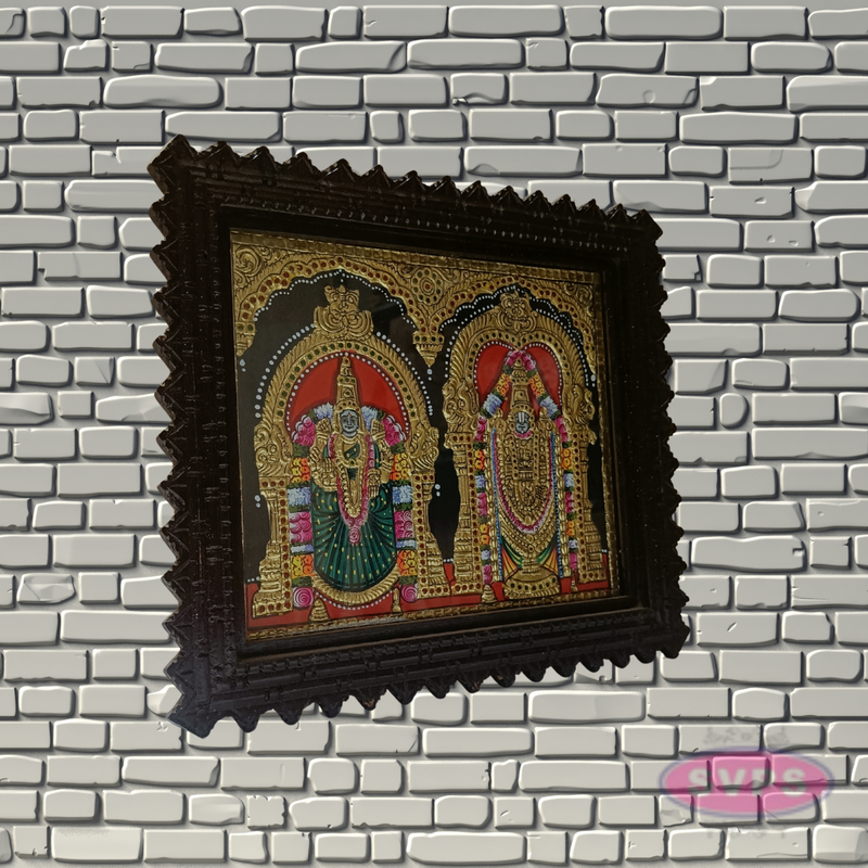 Tirupathi Perumal and Thayar Tanjore Painting with Teak Wood Frame for Pooja Room Decor