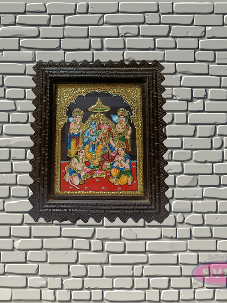 Sri Ram Darbar Tanjore Painting with Teak Wood Frame | Hindu God Wall Decor