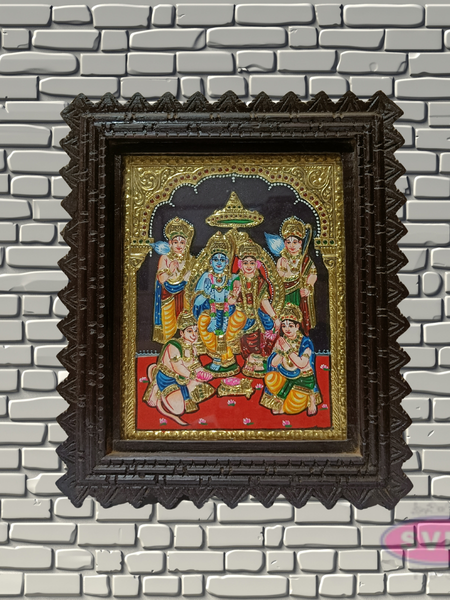 Sri Ram Darbar Tanjore Painting with Teak Wood Frame | Hindu God Wall Decor