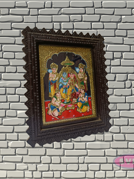 Sri Ram Darbar Tanjore Painting with Teak Wood Frame | Hindu God Wall Decor