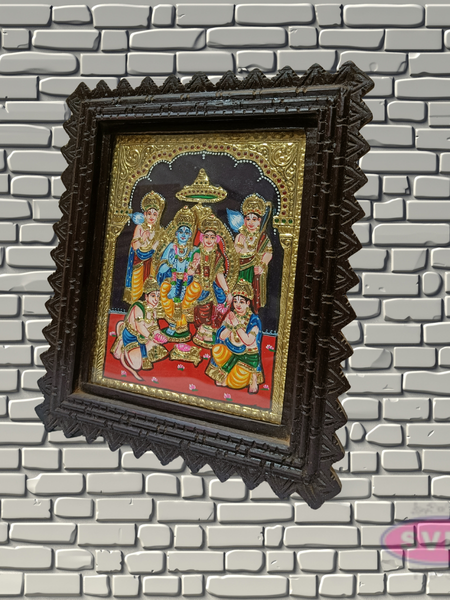 Sri Ram Darbar Tanjore Painting with Teak Wood Frame | Hindu God Wall Decor