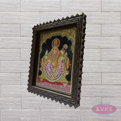 Goddess Saraswathi Tanjore Painting with Teak Wood Frame for Pooja Room & Study Decor