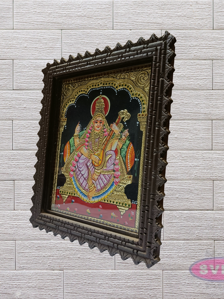 Goddess Saraswathi Tanjore Painting with Teak Wood Frame for Pooja Room & Study Decor