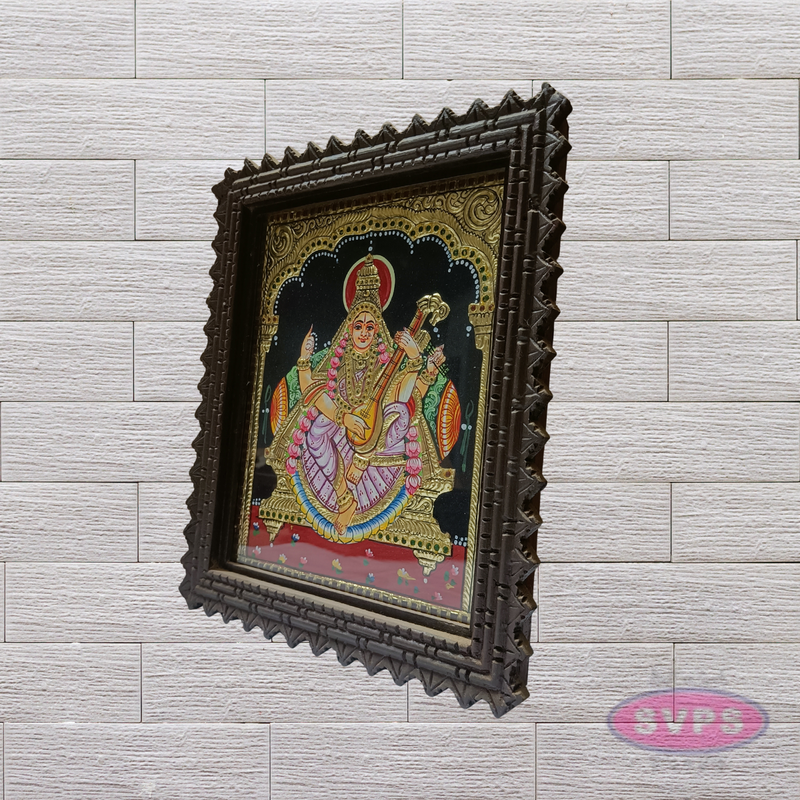 Goddess Saraswathi Tanjore Painting with Teak Wood Frame for Pooja Room & Study Decor