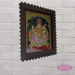 Goddess Saraswathi Tanjore Painting with Teak Wood Frame for Pooja Room & Study Decor