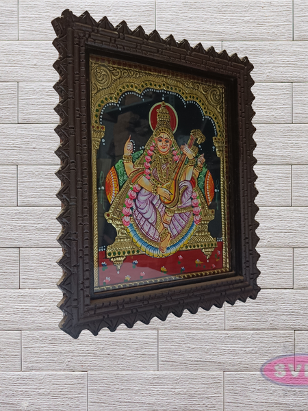 Goddess Saraswathi Tanjore Painting with Teak Wood Frame for Pooja Room & Study Decor