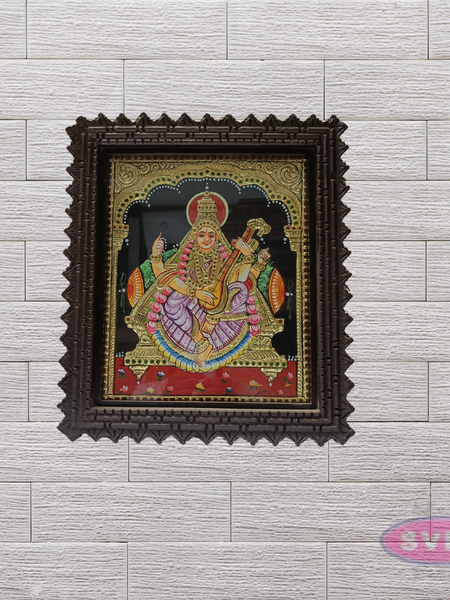 Goddess Saraswathi Tanjore Painting with Teak Wood Frame for Pooja Room & Study Decor