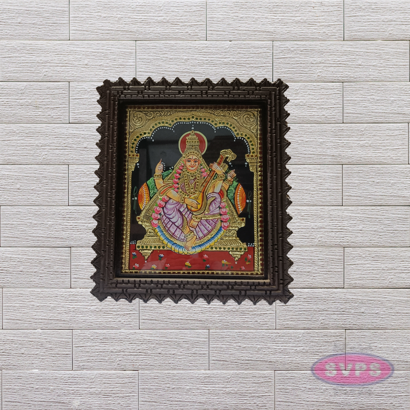 Goddess Saraswathi Tanjore Painting with Teak Wood Frame for Pooja Room & Study Decor