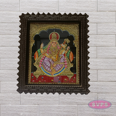 Goddess Saraswathi Tanjore Painting with Teak Wood Frame for Pooja Room & Study Decor