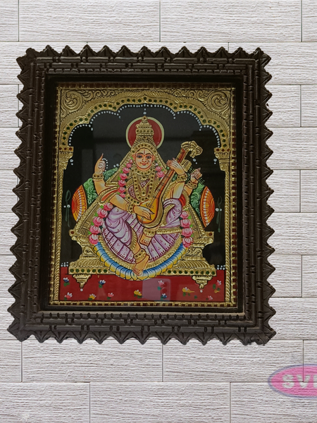 Goddess Saraswathi Tanjore Painting with Teak Wood Frame for Pooja Room & Study Decor