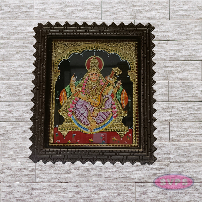 Goddess Saraswathi Tanjore Painting with Teak Wood Frame for Pooja Room & Study Decor