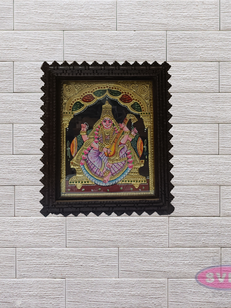 Goddess Saraswathi Tanjore Painting with Teak Wood Frame