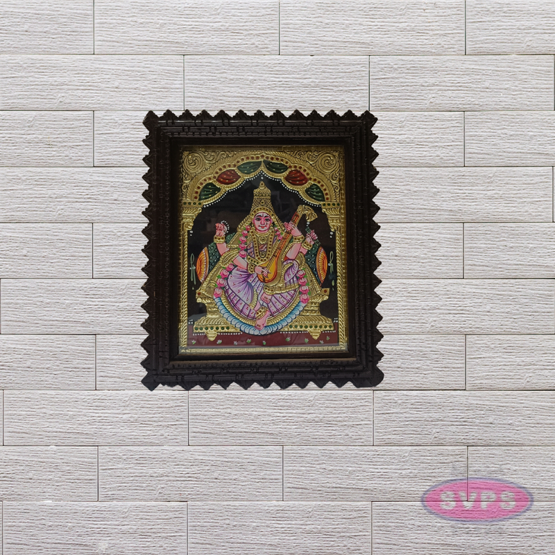 Goddess Saraswathi Tanjore Painting with Teak Wood Frame
