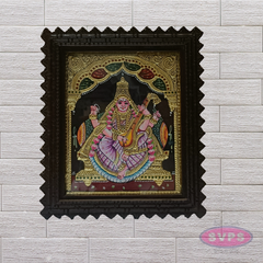 Goddess Saraswathi Tanjore Painting with Teak Wood Frame