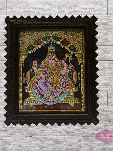 Goddess Saraswathi Tanjore Painting with Teak Wood Frame