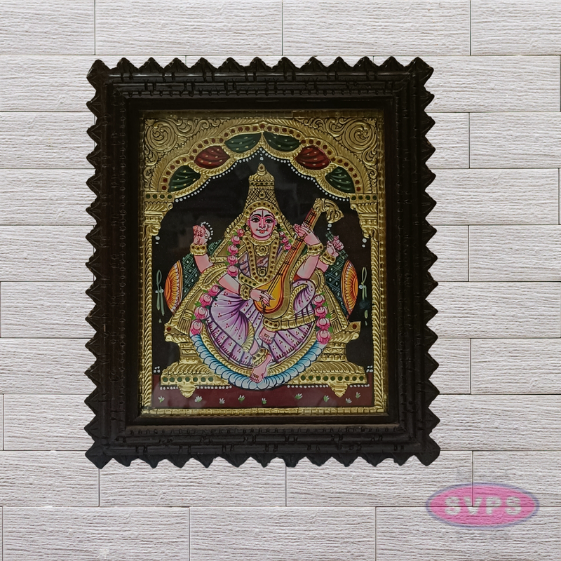 Goddess Saraswathi Tanjore Painting with Teak Wood Frame