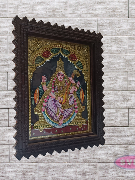 Goddess Saraswathi Tanjore Painting with Teak Wood Frame