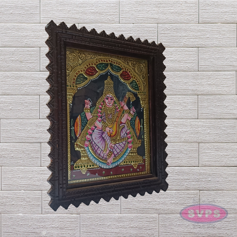Goddess Saraswathi Tanjore Painting with Teak Wood Frame
