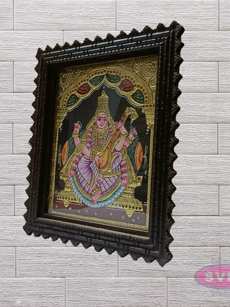 Goddess Saraswathi Tanjore Painting with Teak Wood Frame