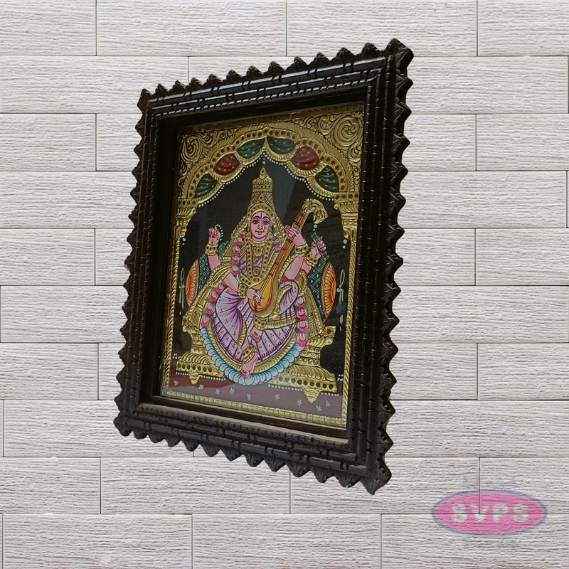 Goddess Saraswathi Tanjore Painting with Teak Wood Frame