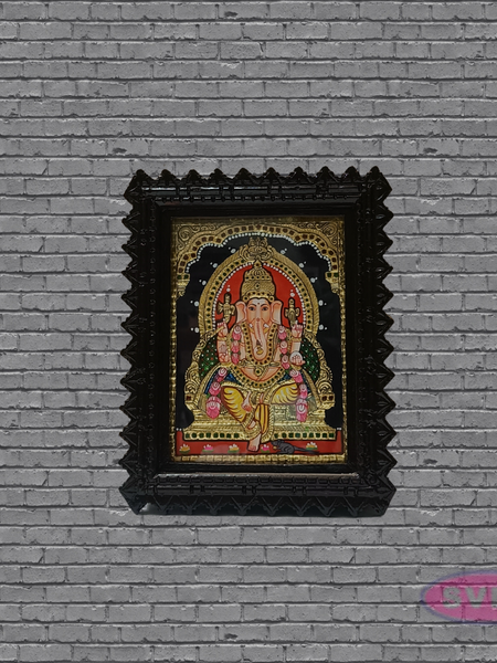 Tanjore Painting of Ganesha with Teakwood Frame 10x8 Inch