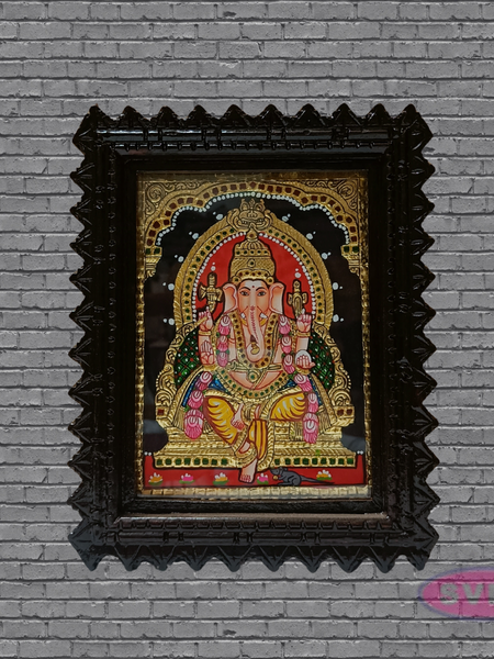 Tanjore Painting of Ganesha with Teakwood Frame 10x8 Inch