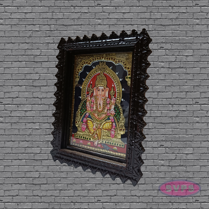 Tanjore Painting of Ganesha with Teakwood Frame 10x8 Inch