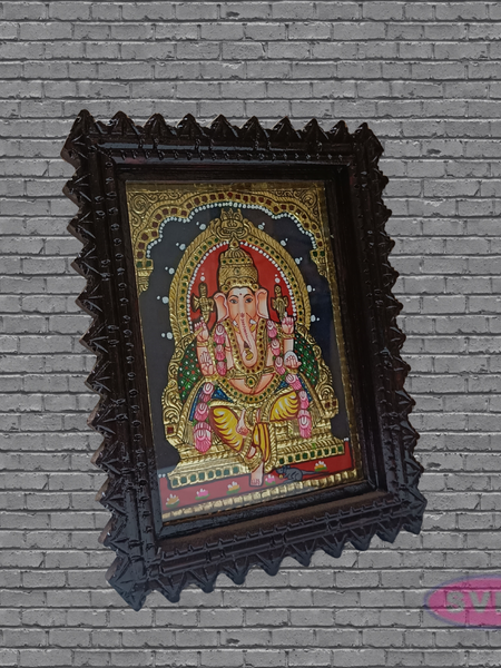 Tanjore Painting of Ganesha with Teakwood Frame 10x8 Inch