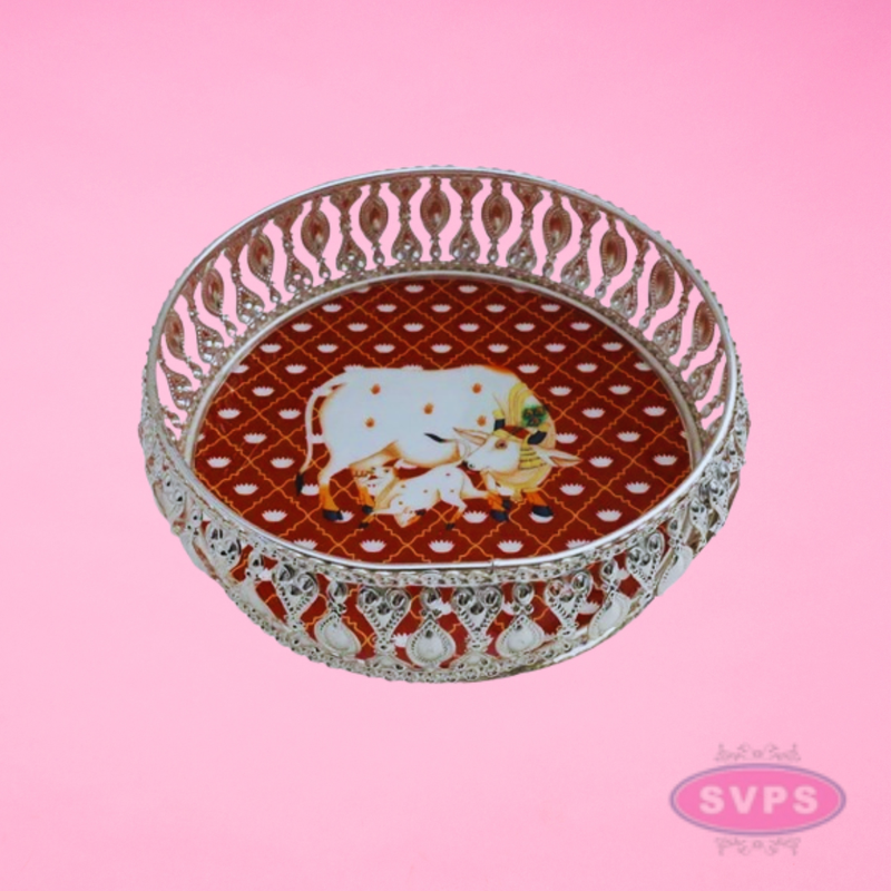 Decorative Silver-Plated Round Pooja Tray with Kamdhenu Cow Design – Traditional Religious Gift Plate