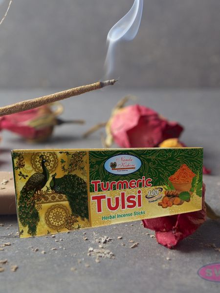 Handrolled Turmeric Tulsi Agarbatti Sticks – Herbal Incense for Puja, Meditation, Yoga & Home Fragrance