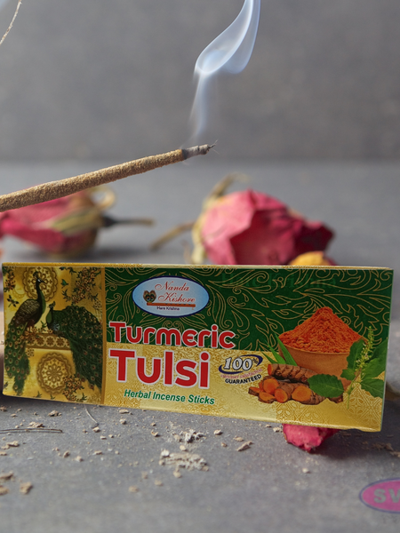 Handrolled Turmeric Tulsi Agarbatti Sticks – Herbal Incense for Puja, Meditation, Yoga & Home Fragrance