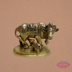 Kamadhenu Cow with Calf Brass Idol | Lakshmi Ganesha Engraved Sacred Gomata Statue