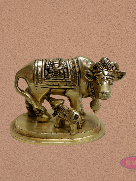 Kamadhenu Cow with Calf Brass Idol | Lakshmi Ganesha Engraved Sacred Gomata Statue