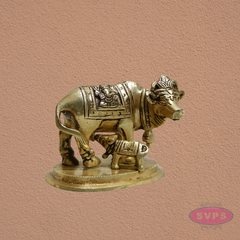 Kamadhenu Cow with Calf Brass Idol | Lakshmi Ganesha Engraved Sacred Gomata Statue