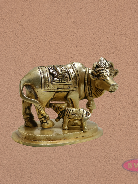 Kamadhenu Cow with Calf Brass Idol | Lakshmi Ganesha Engraved Sacred Gomata Statue