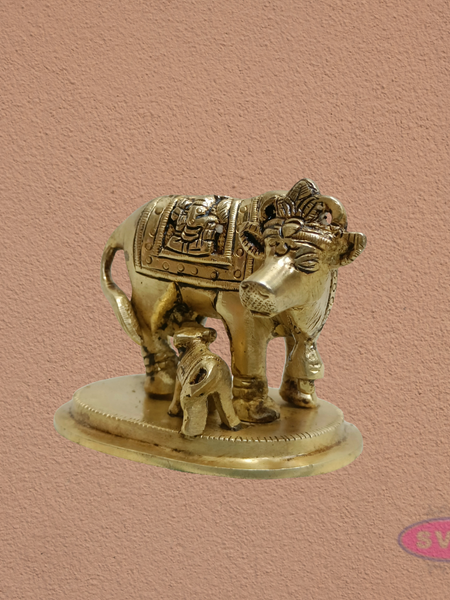 Kamadhenu Cow with Calf Brass Idol | Lakshmi Ganesha Engraved Sacred Gomata Statue