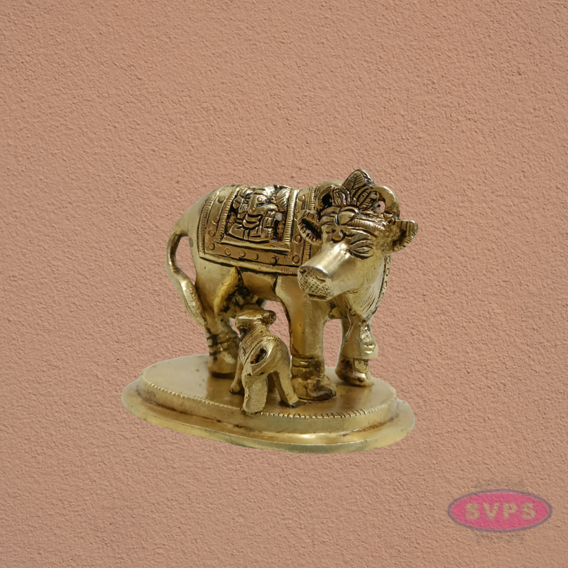 Kamadhenu Cow with Calf Brass Idol | Lakshmi Ganesha Engraved Sacred Gomata Statue