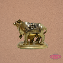Kamadhenu Cow with Calf Brass Idol | Lakshmi Ganesha Engraved Sacred Gomata Statue