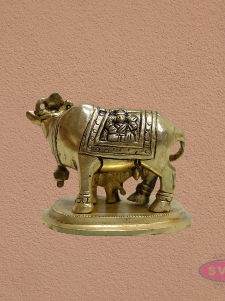 Kamadhenu Cow with Calf Brass Idol | Lakshmi Ganesha Engraved Sacred Gomata Statue
