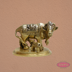 Kamadhenu Cow with Calf Brass Idol | Lakshmi Ganesha Engraved Sacred Gomata Statue