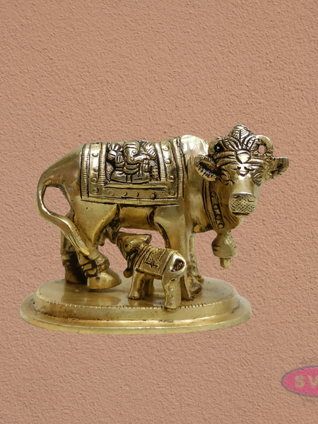 Kamadhenu Cow with Calf Brass Idol | Lakshmi Ganesha Engraved Sacred Gomata Statue