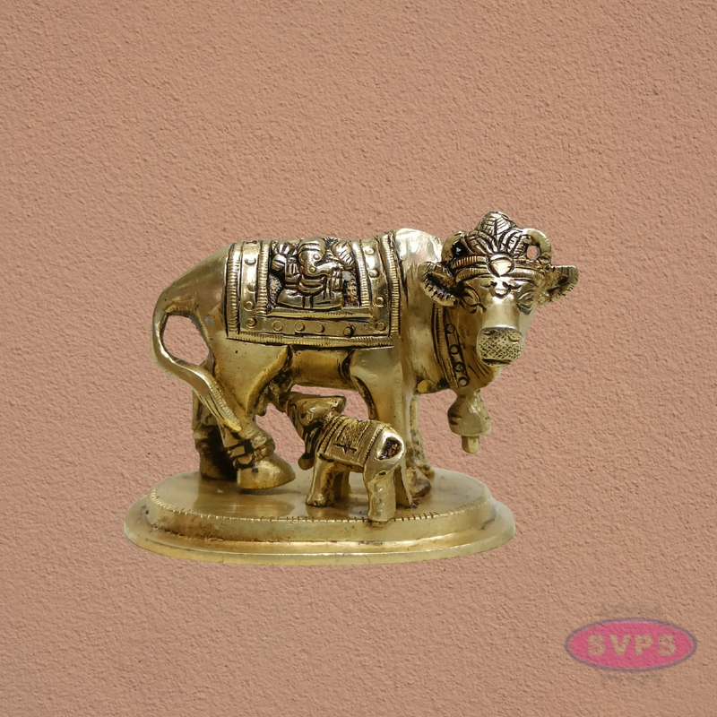Kamadhenu Cow with Calf Brass Idol | Lakshmi Ganesha Engraved Sacred Gomata Statue
