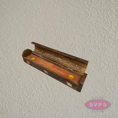 Handcrafted Wooden Incense Stick Holder Box with Brass Elephant Inlay