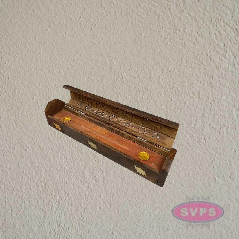 Handcrafted Wooden Incense Stick Holder Box with Brass Elephant Inlay