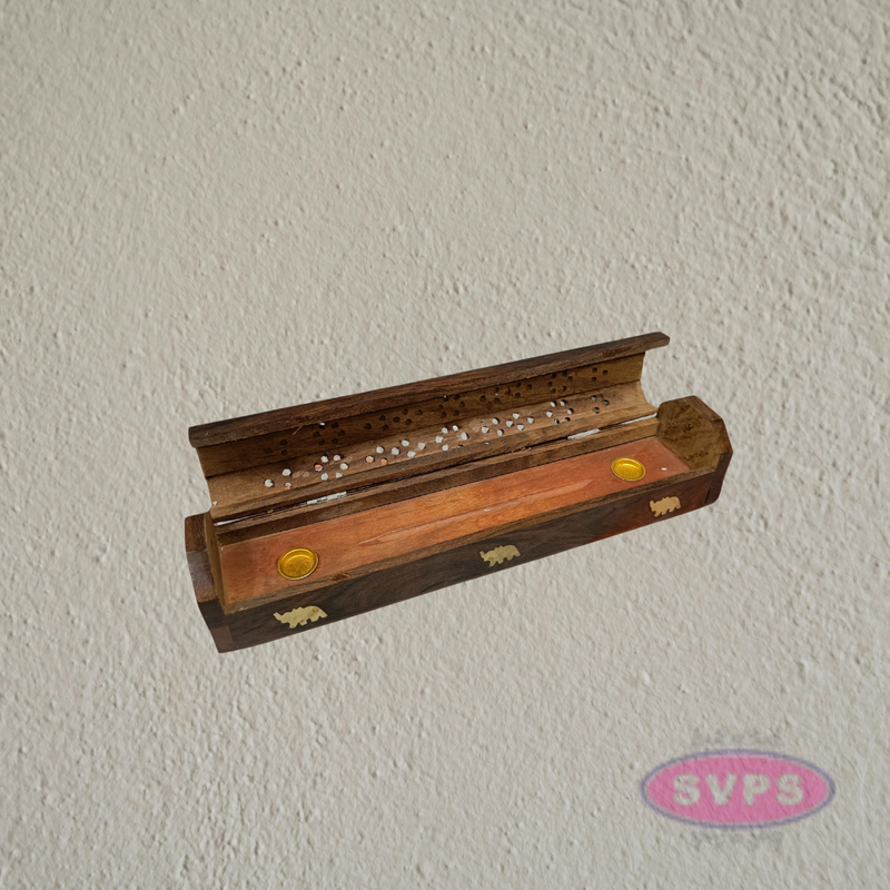 Handcrafted Wooden Incense Stick Holder Box with Brass Elephant Inlay