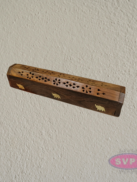 Handcrafted Wooden Incense Stick Holder Box with Brass Elephant Inlay