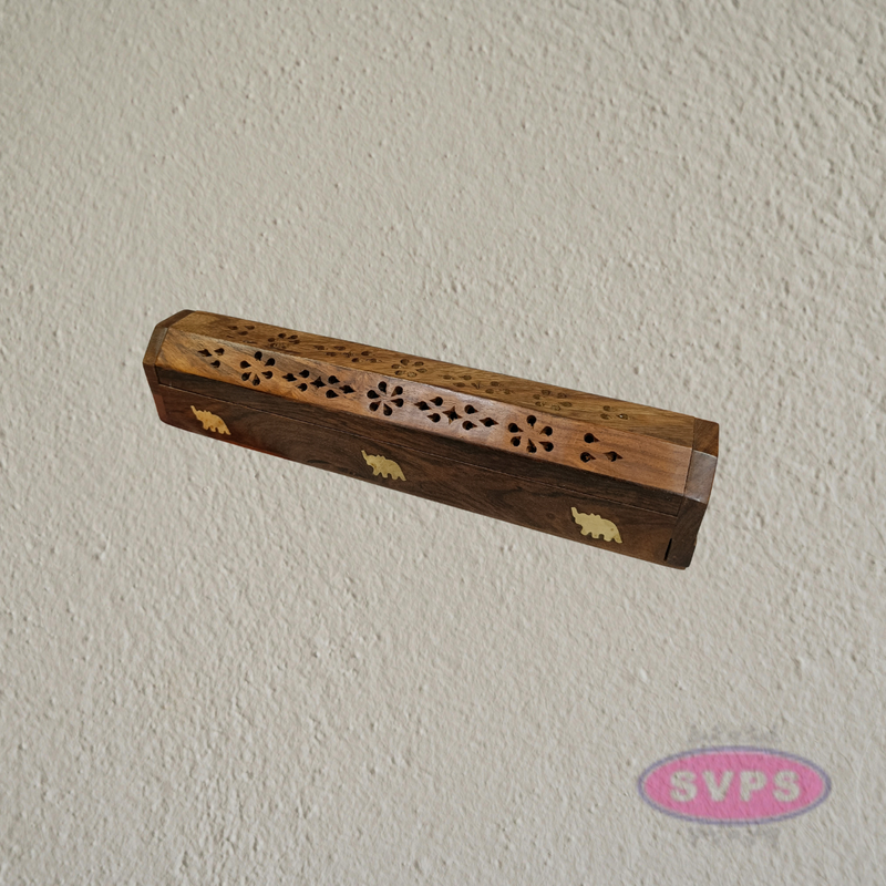 Handcrafted Wooden Incense Stick Holder Box with Brass Elephant Inlay