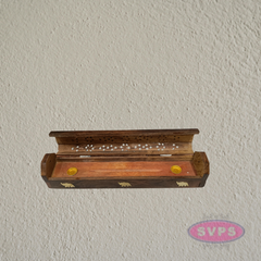 Handcrafted Wooden Incense Stick Holder Box with Brass Elephant Inlay