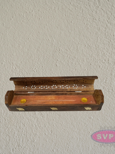 Handcrafted Wooden Incense Stick Holder Box with Brass Elephant Inlay