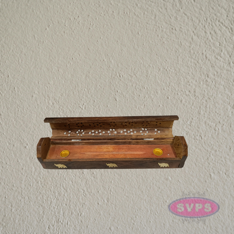 Handcrafted Wooden Incense Stick Holder Box with Brass Elephant Inlay